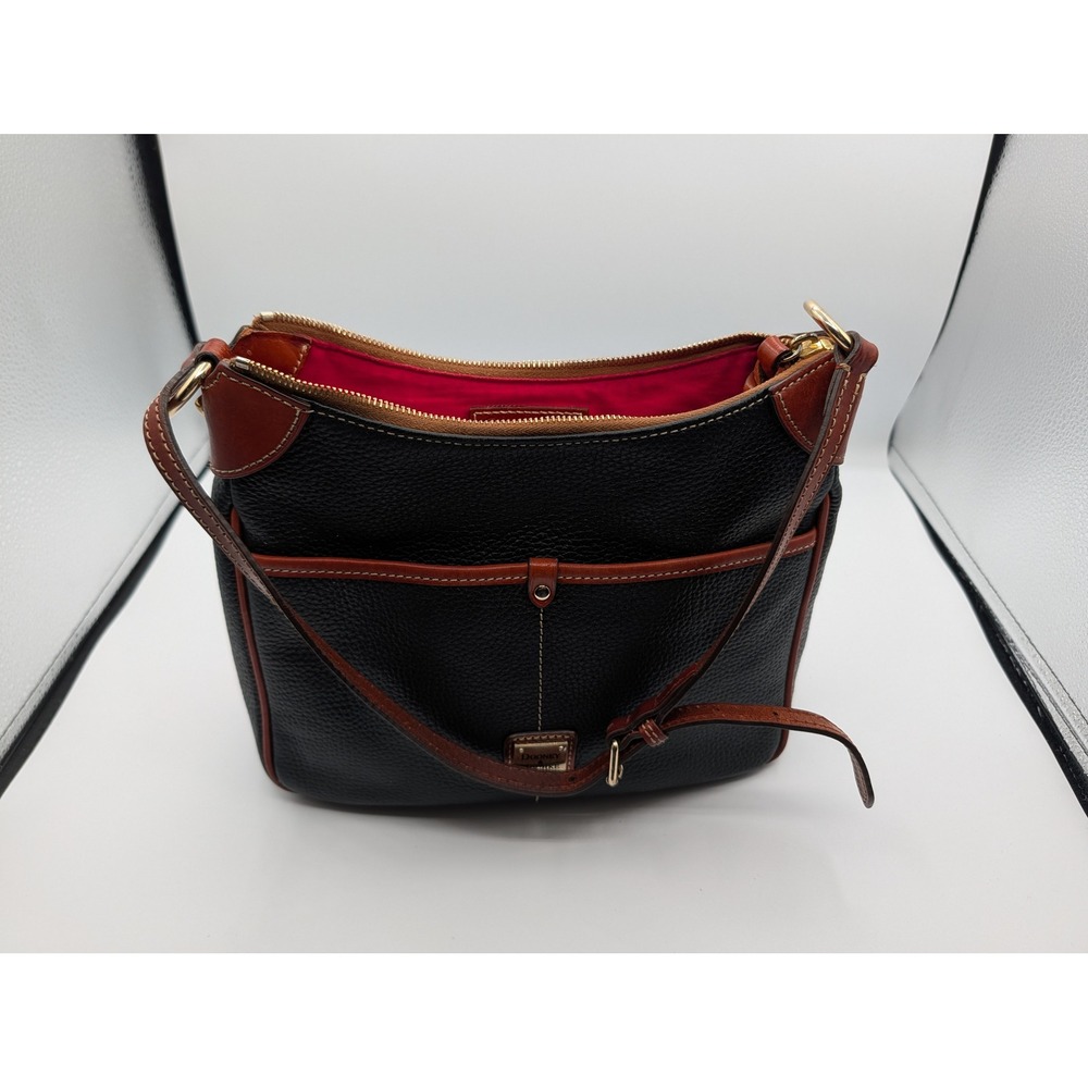 Dooney & Bourke Black Pebbled Leather Hobo Shoulder Bag Brown Trim Gold Hardware